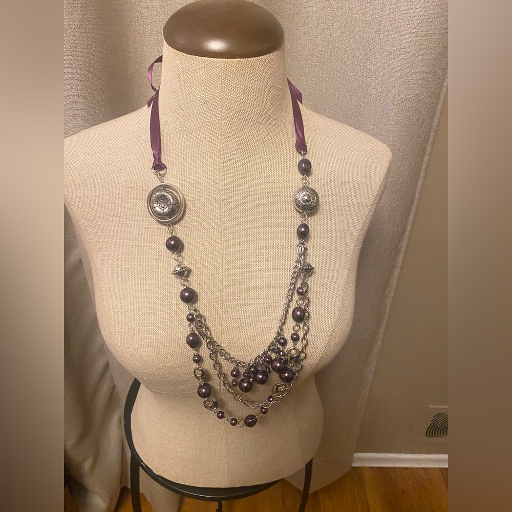 Paparazzi Elegant Purple and Silver Ribbon Necklace with Beaded Earrings!! - Picture 4 of 4